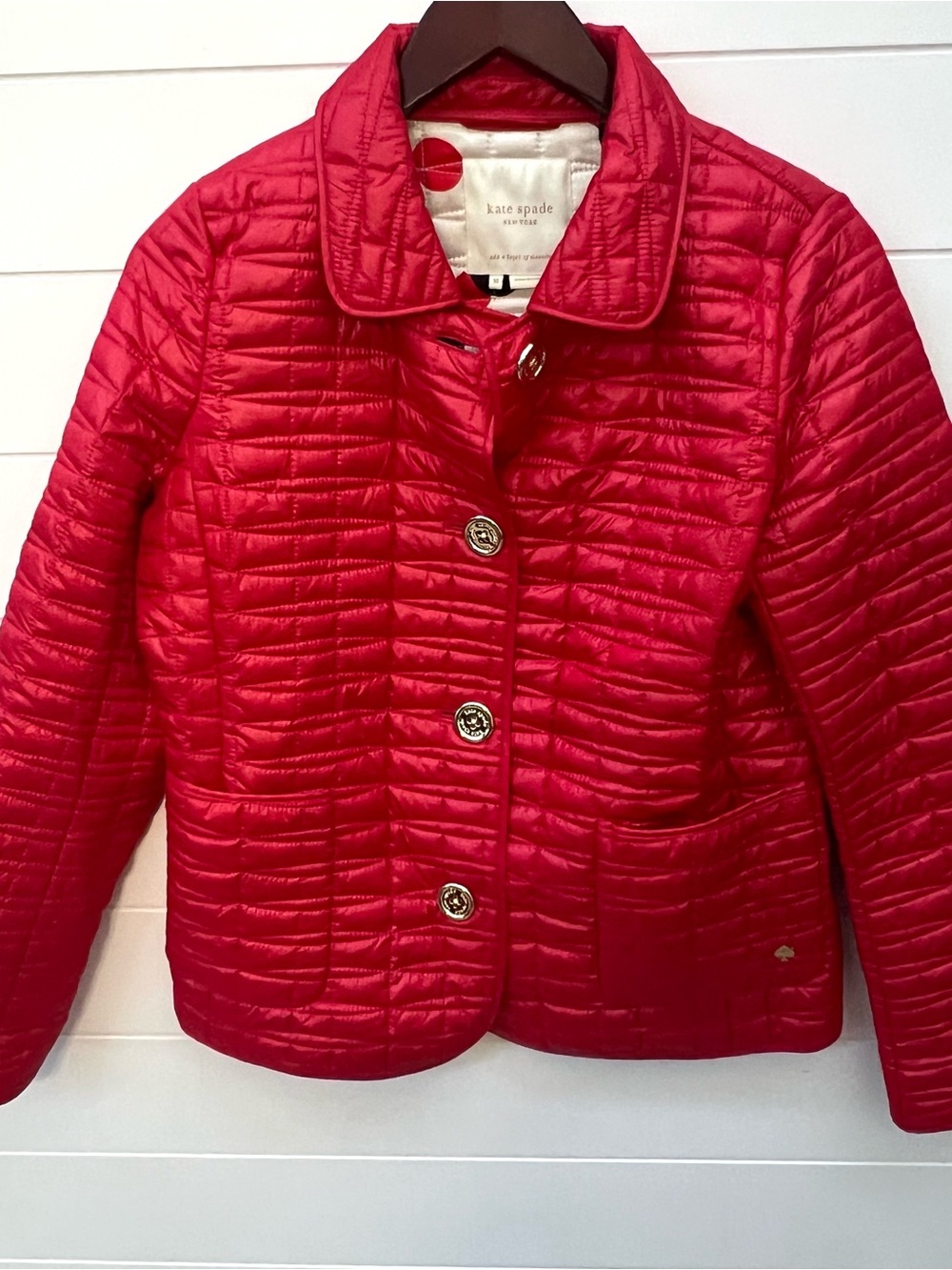 Kate Spade Red Quilted Jacket M Gold Buttons Polka Dot Spade Lining